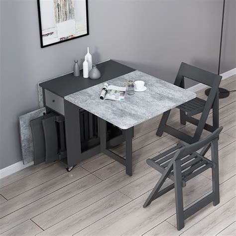 Black And Gray Rectangle Wood Drop Leaf Folding Dining Table Set With