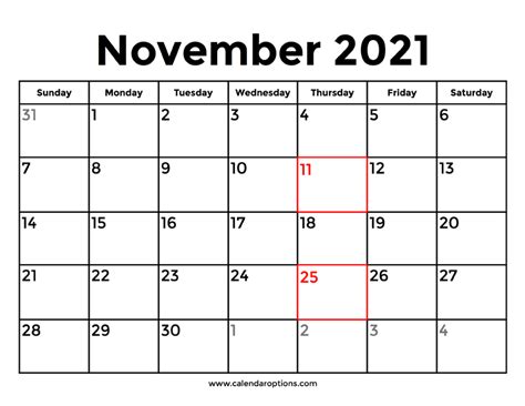 November 2021 Calendar With Holidays Calendar Options