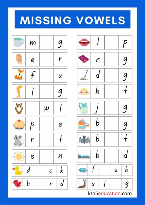 Free Fill In The Missing Vowels Worksheets