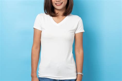 Premium Photo Portrait Of Asian Woman In Mock Up Blank White T Shirt On Blue Background