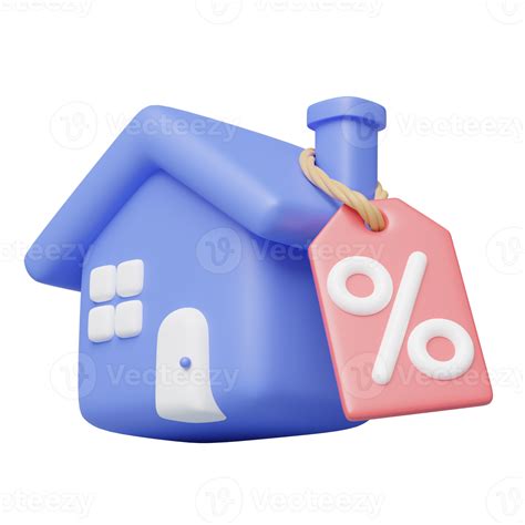 3d house sale icon. Cute blue home with percent discount tag floating