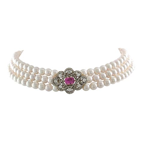 A Pink Sapphire Diamond And Cultured Pearl Necklace For Sale At