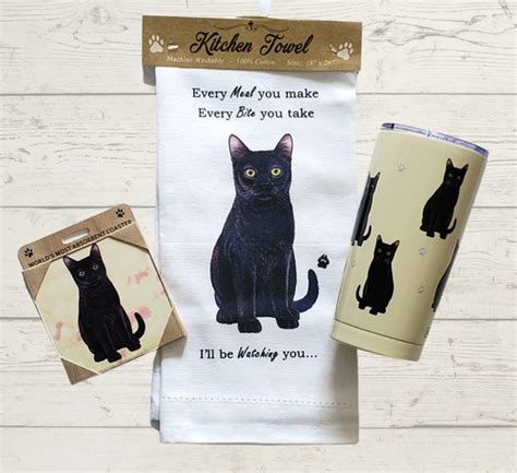 Black Cat T Set Featuring Tumble Towel And Coaster