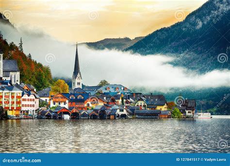 Scenic View Of Famous Hallstatt Mountain Village With Hallstatter Lake