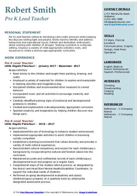 41 pre k teacher sample resume resumesample