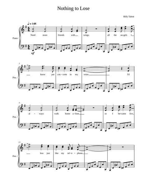 Nothing To Lose Billy Talent Sheet Music For Piano Solo