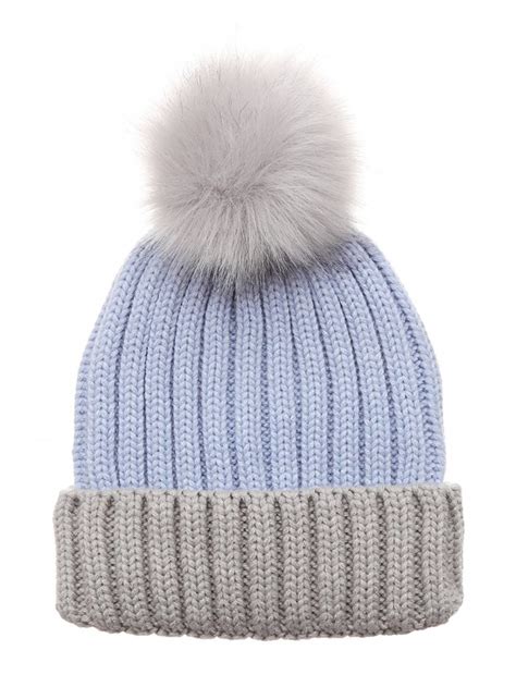 Womens Winter Two Tone Rib Knitted Ski Cuff Beanie Hat With Pom Pom