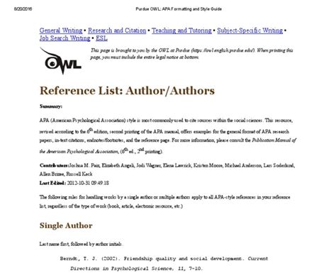 Owl Purdue Apa Reference List