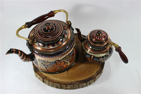 Turkish Traditional Handmade Handhammered Copper Teapot Set Semaver