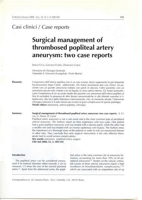 Pdf Surgical Management Of Thrombosed Popliteal Artery Aneurysm Two