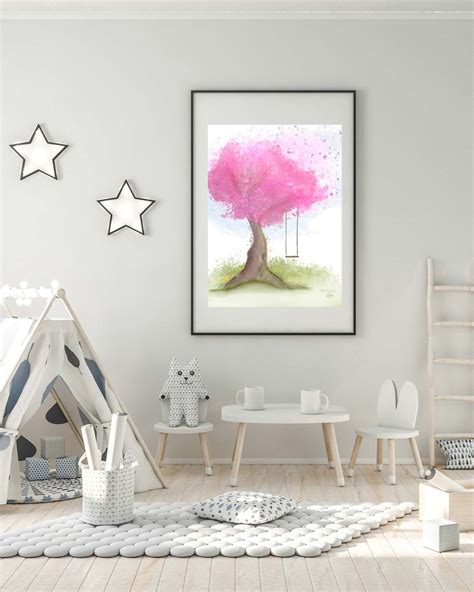 Cherry Blossom Tree Swing Watercolour Artwork Etsy