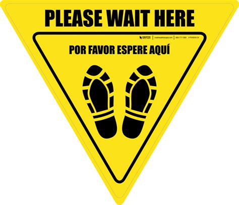Please Wait Here Bilingual Spanish With Shoe Prints Yield Floor Sign