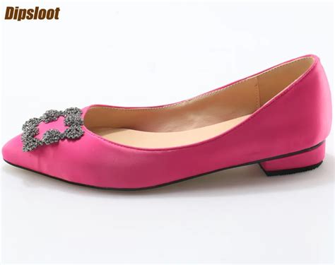 2017 Hot Pink Satin Women Pointed Toe Flats Crystal Button Front Ladies