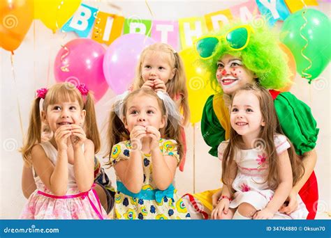 Children And Clown On Birthday Party Stock Photo Image 34764880