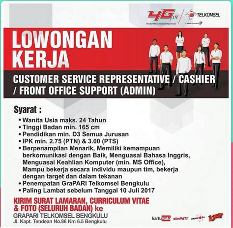 > warga negara indonesia dan di utamakan berdomisili sama dengan kantor cabang bank syariah mandiri yang sedang membuka lowongan kerja untuk posisi account officer. Lowongan Kerja Customer Service, Kasir Admin Grapari ...