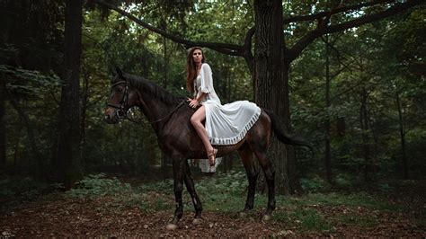 Women Horse Horse Riding Forest White Dress Wallpaper Girls