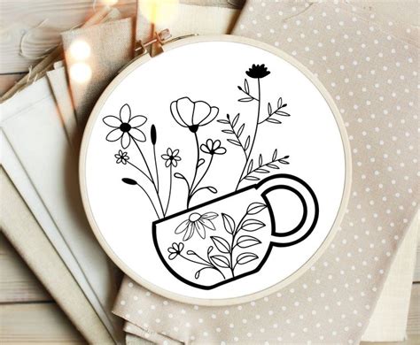 Modern Floral Teacup Hand Embroidery Design Flowers In A Cup Embroidery