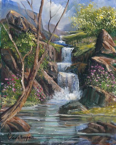Mountain Waterfall Painting By Carol Verstoppen Fine Art America