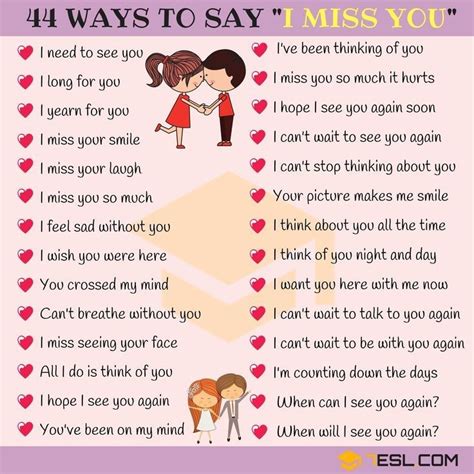 An expression of sorrow or sadness from the absence of a family member, close friend, love. 44 Ways to Say I MISS YOU in 2020 | Learn english words ...