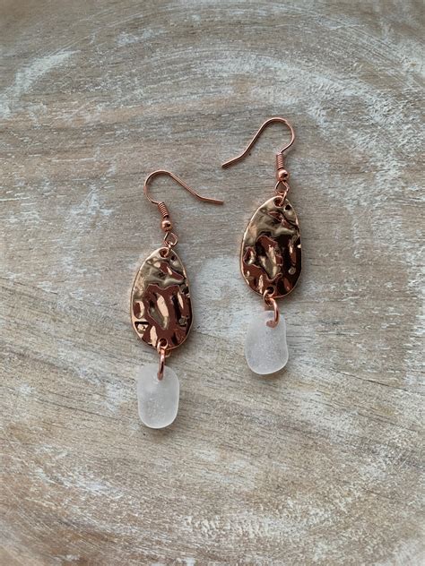 Sea Glass Earrings 2” Hammered Style Rose Gold And White Sea Glass Dangle Drop Earrings Gold