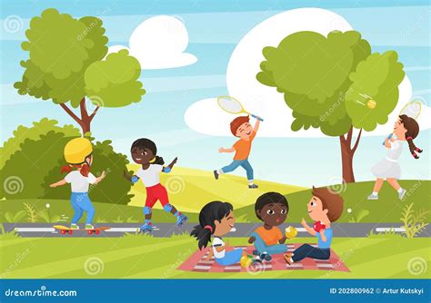 Cartoon Children Play In Summer Park Or Garden Landscape Stock Vector