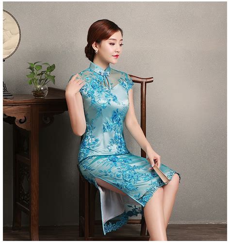 Superb Embroidery Lace Qipao Cheongsam Dress Blue Qipao Cheongsam