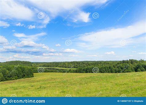 Landscape Of European Plains With Hills And Lowlands Marshes Meadows