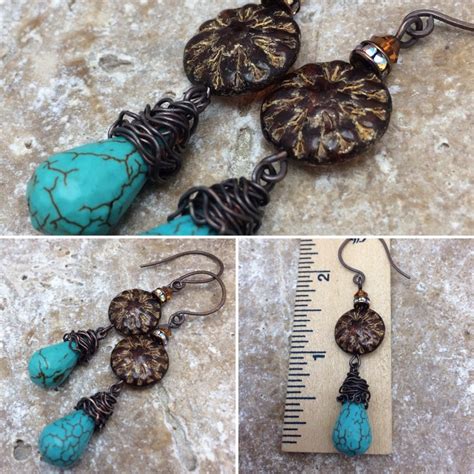 Turquoise Gemstone Dangle Earrings Czech Glass And Copper Etsy