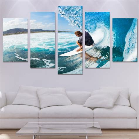 Living Room Wall Art Pictures Hd Printed 5 Piecepcs Men Sea Surf
