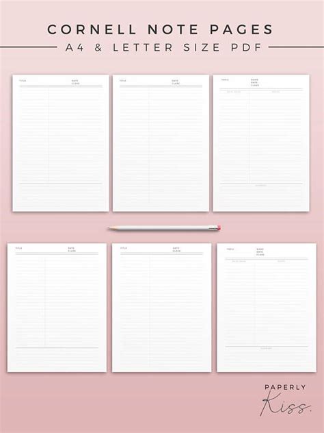 In addition to your free printable note sheets are these even more lovely and colorful ones for you to enjoy! Cornell Note Template Printable Note Inserts Productivity ...