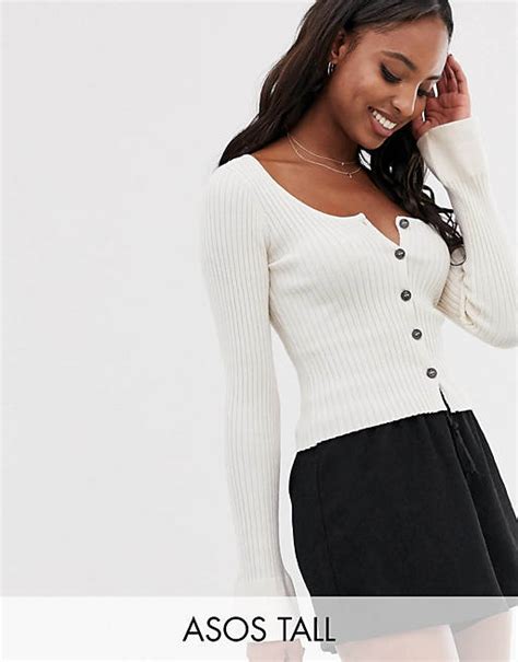 Asos Design Tall Scoop Neck Cardigan In Skinny Rib With Buttons Asos