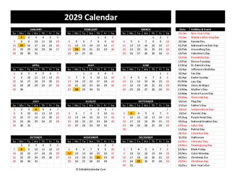 2029 Printable Calendar Free