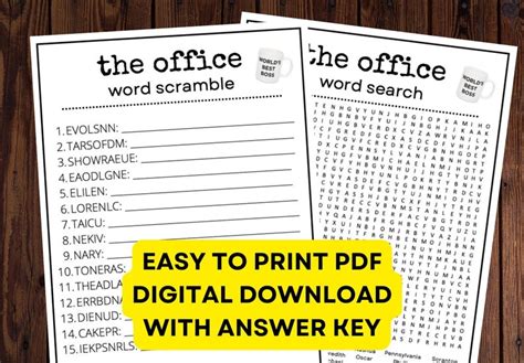 The Office Word Search and Word Scramble Digital Printable PDF Instant
