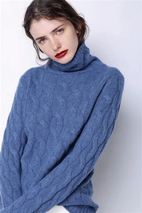 Custom Blue Pullover Oversized Thick Chunky Baggy Cable Knit Turtleneck