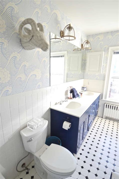From plain tiles to cartoon tiles, to floral tiles, these designs feature a variety of tiles that will suit the structure and framework of the bathroom. Blue Bathroom Update - At Charlotte's House