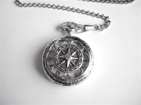 True North Silver Pocket Watch With Chain Mens Nautical Compass