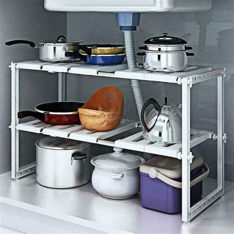 2 Tier Under Sink Expandable Shelf Organizer Rack Kitchen Pot Pan