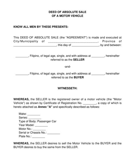 Deed Of Absolute Sale Of A Motor Vehicle Template