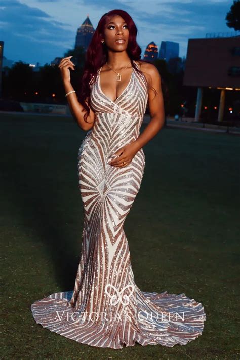 Striped Rose Gold Sequin Open Back Mermaid Prom Dress Vq