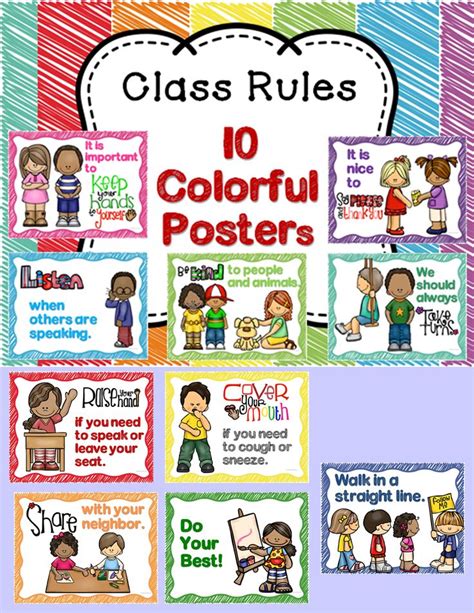 Classroom Rules Poster Set With Colorful Pictures And Text On It