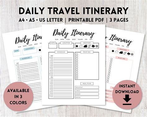 Daily Travel Itinerary Planner Printable Pdf Undated Etsy Canada