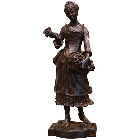19th Century French Patinated Bronze Flower Girl Sculpture Signed