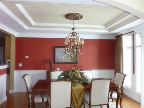 Dining Room Maroon Walls Dark Wood Stained Trim Cream Wainscoting