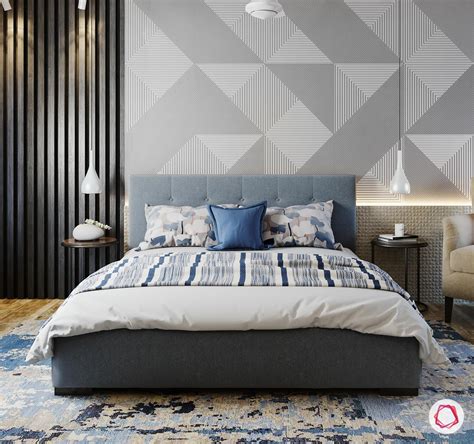 A Contemporary Bedroom With New Age Patterns And A Muted Grey And Blue