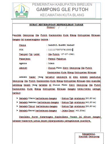 Contoh Surat Keterangan Kepemilikan Tanah dari Keuchik ...