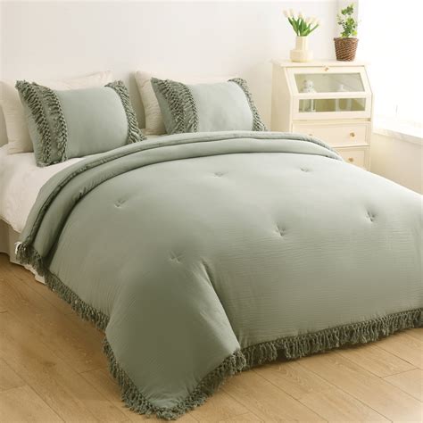 Ladyann Sage Green Boho Tassel Comforter Set Queen Size Shabby