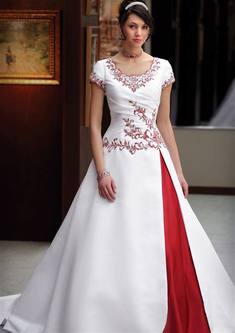 Vintage Satin Ivory And Red Two Toned Modest Colorful Wedding Dresses