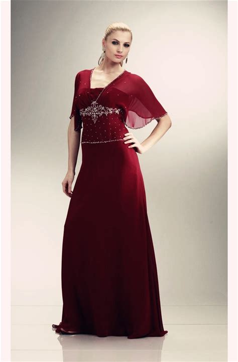 Long Burgundy Chiffon Beaded Mother Of The Bride Evening Dress With Sleeves