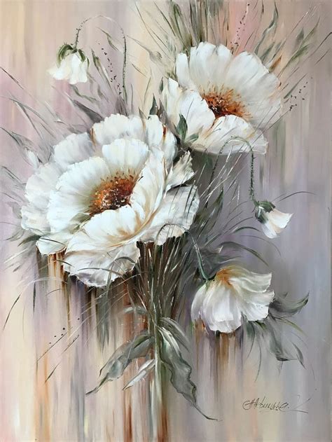 Large Flower Painting Abstract White Flowers Wall Art Etsy Abstract