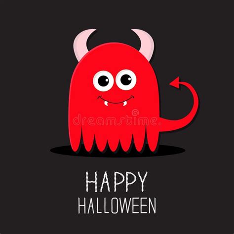 Cute Red Evil Monster With Horns And Fangs Happy Halloween Card Flat